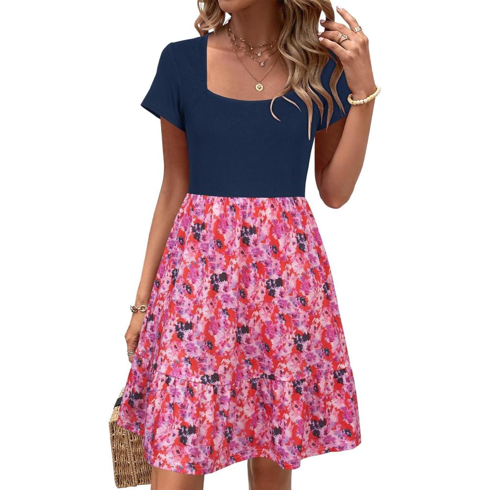 imageNewshows Women 2025 Summer Dress Square Neck Formal Short Sleeve Business Casual Outfits Ruffle Spring Pockets SundressPink Floral Red