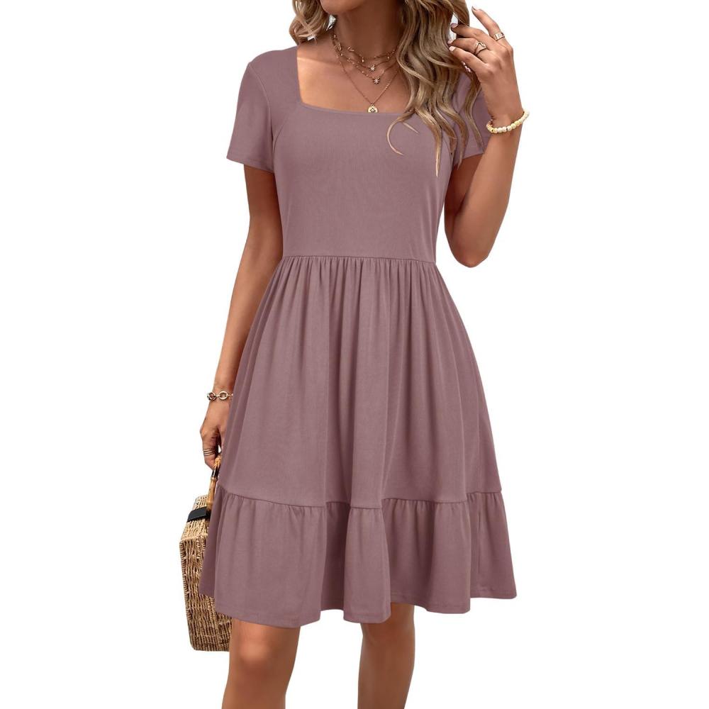 imageNewshows Women 2025 Summer Dress Square Neck Formal Short Sleeve Business Casual Outfits Ruffle Spring Pockets SundressPurple