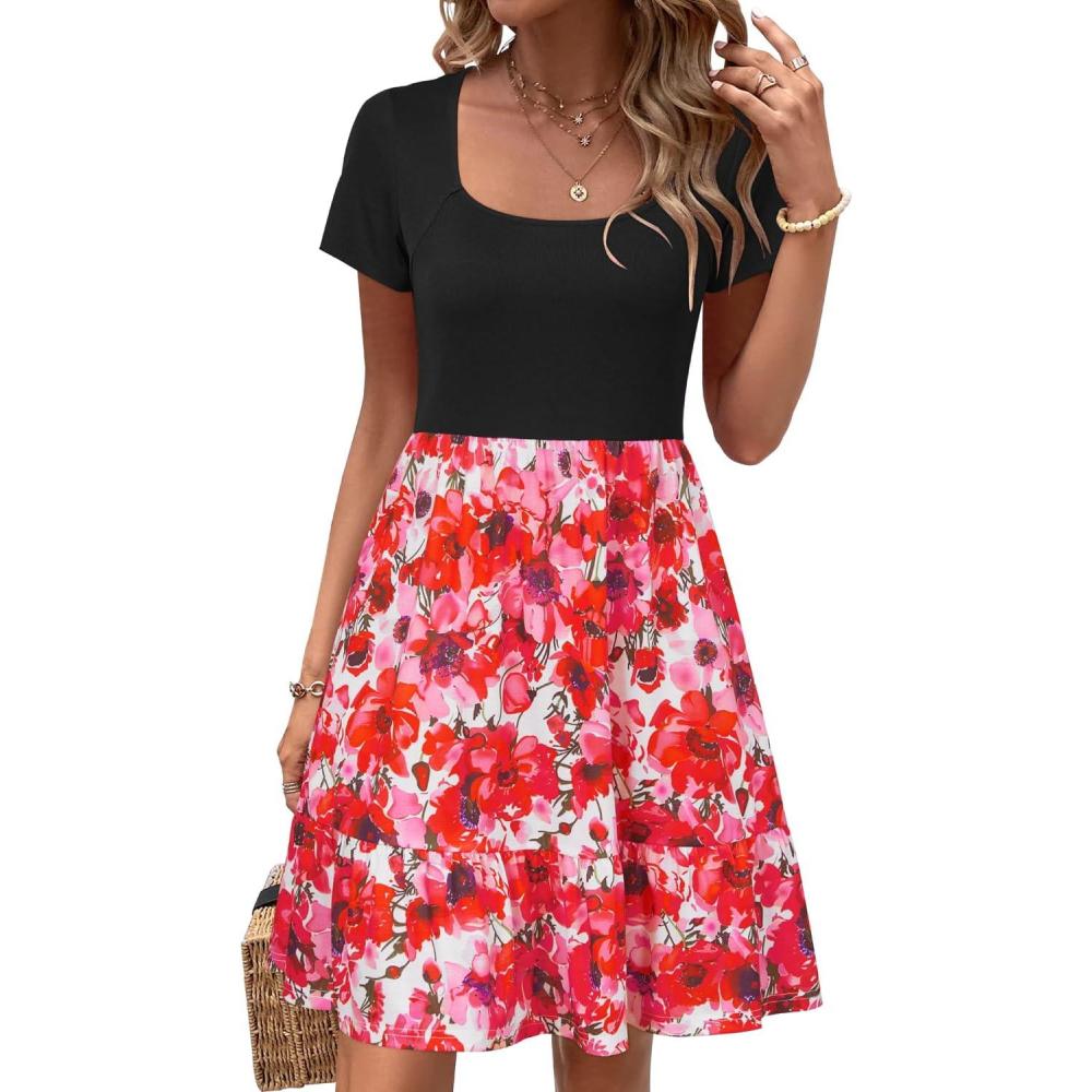 imageNewshows Women 2025 Summer Dress Square Neck Formal Short Sleeve Business Casual Outfits Ruffle Spring Pockets SundressWhite Floral Red
