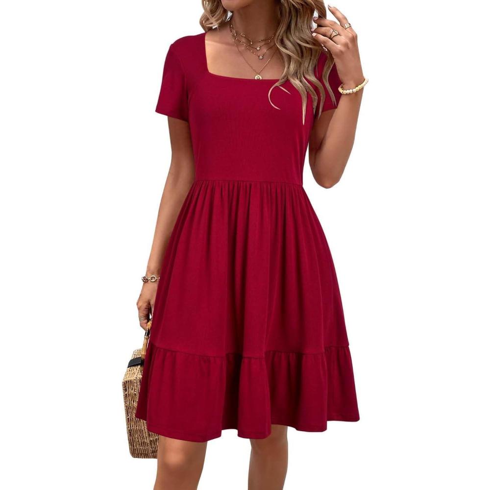 imageNewshows Women 2025 Summer Dress Square Neck Formal Short Sleeve Business Casual Outfits Ruffle Spring Pockets SundressWine Red