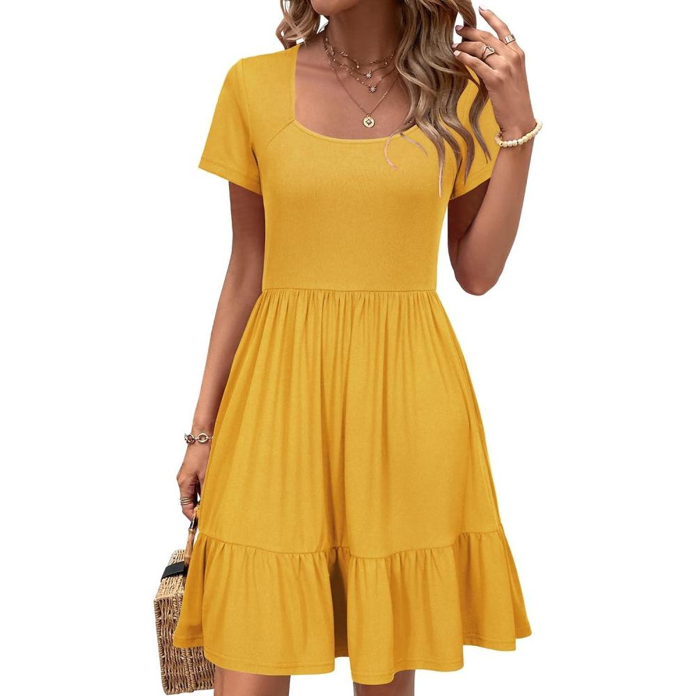 imageNewshows Women 2025 Summer Dress Square Neck Formal Short Sleeve Business Casual Outfits Ruffle Spring Pockets SundressYellow