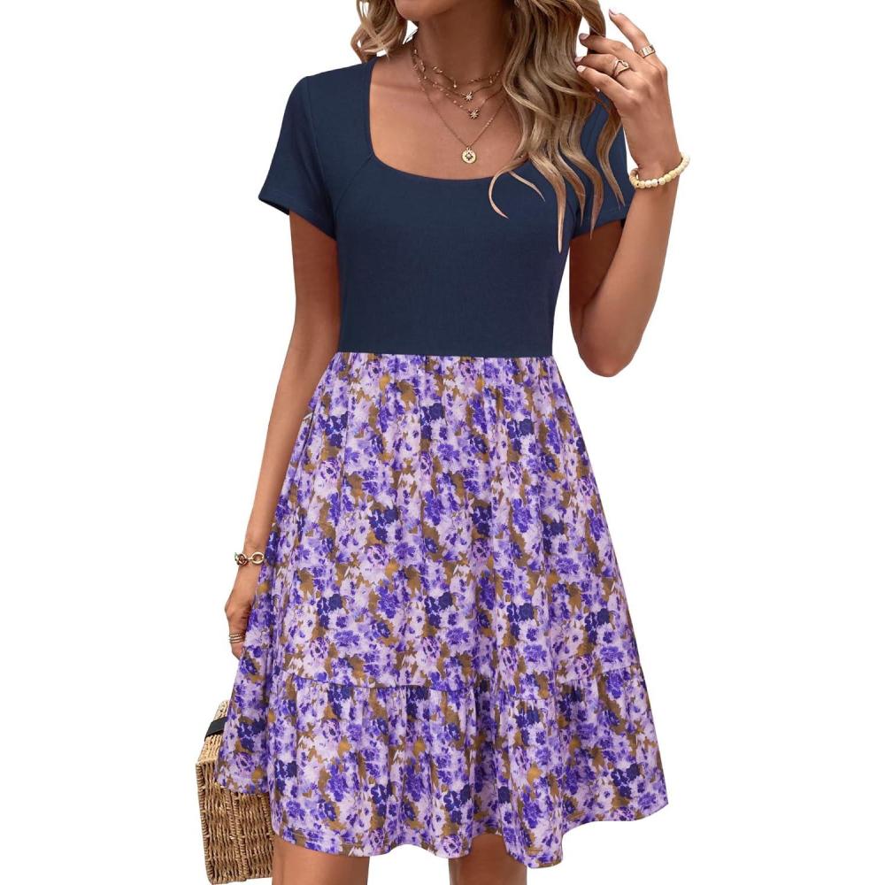 imageNewshows Women 2025 Summer Dress Square Neck Formal Short Sleeve Business Casual Outfits Ruffle Spring Pockets SundressYellow Floral Purple