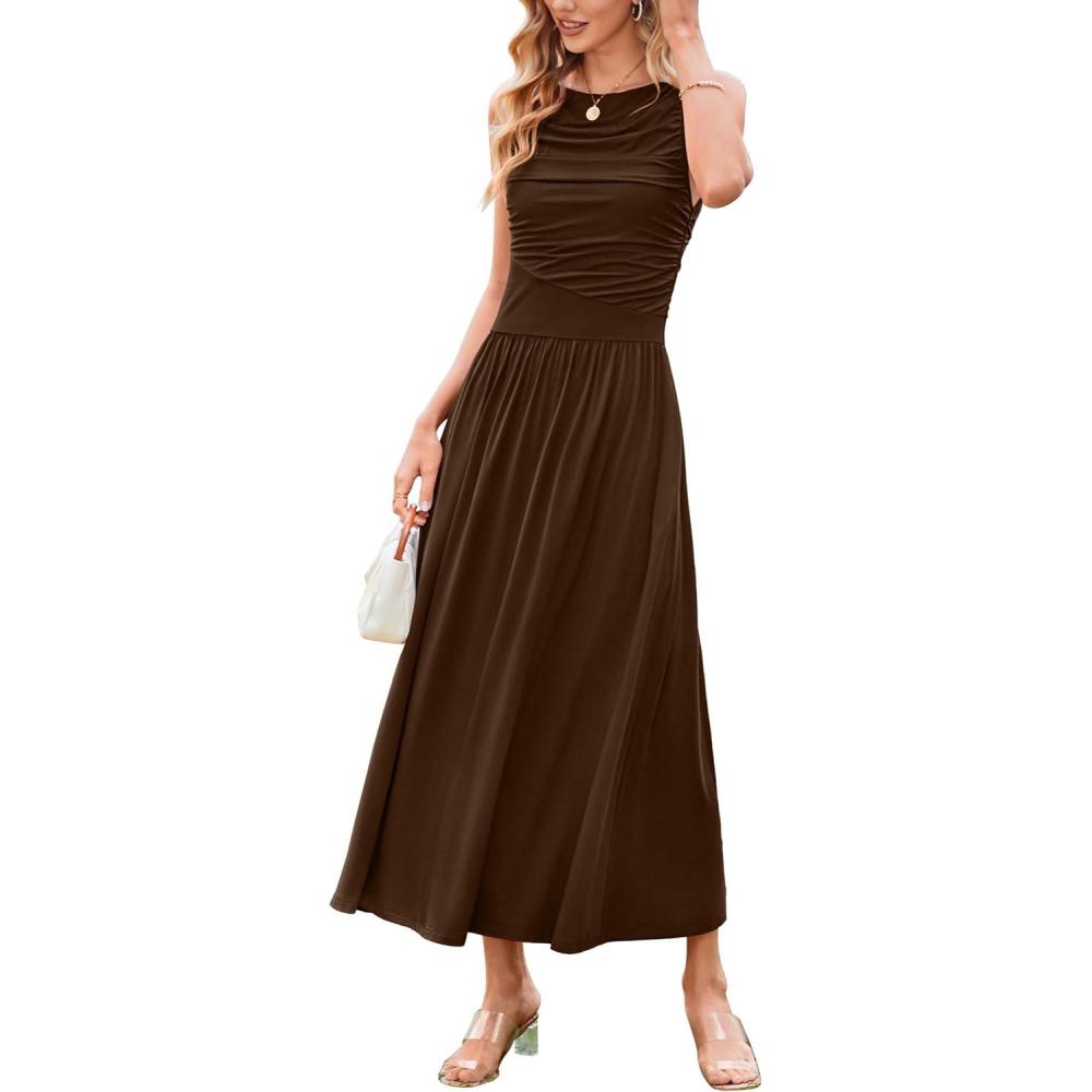 imageNewshows Women 2025 Summer Maxi Dresses Vacation Ruched Boat Neck Tank Flowy Elegant Party Long Formal Dress PocketsBrown