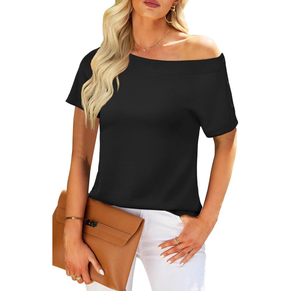 imageNewshows Women Off ShoulderCrewneck 2025 Summer Blouses Tops Business Casual Outfits TrendyBlack