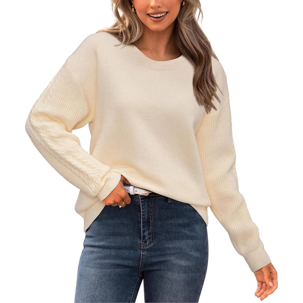 imageNewshows Womens 2024 Fall Sweater Wool Crewneck Winter Fashion Cable Knit Long Sleeve Business Casual Outfits Pullover TopsApricot