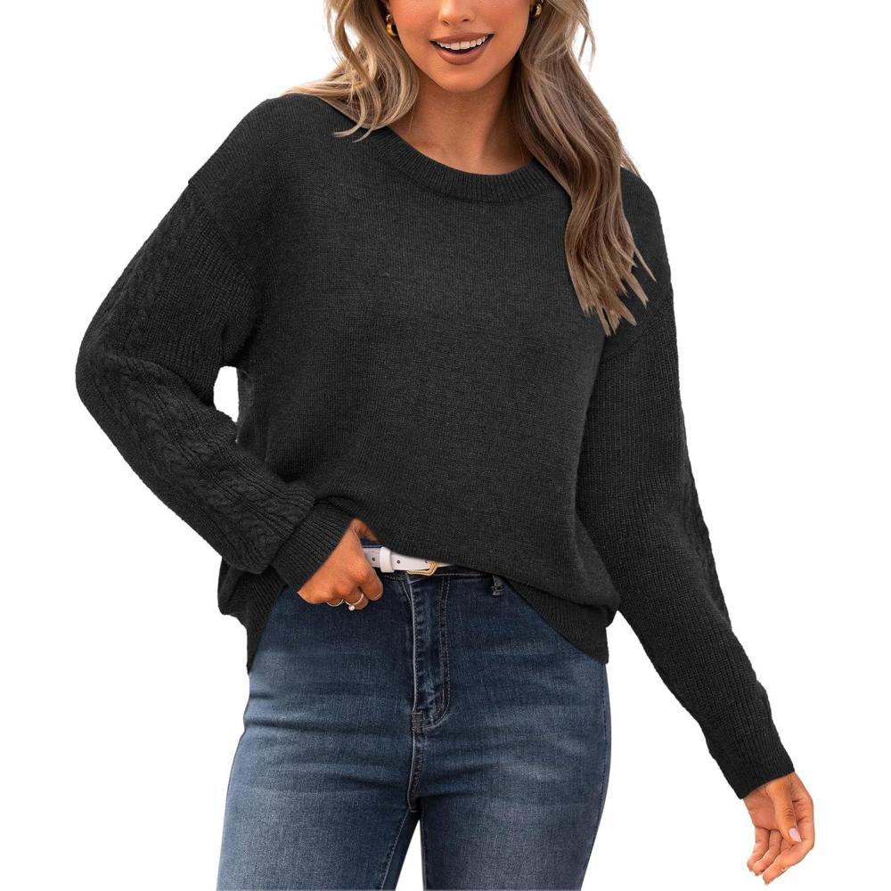 imageNewshows Womens 2024 Fall Sweater Wool Crewneck Winter Fashion Cable Knit Long Sleeve Business Casual Outfits Pullover TopsBlack