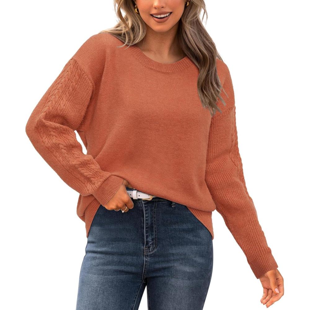 imageNewshows Womens 2024 Fall Sweater Wool Crewneck Winter Fashion Cable Knit Long Sleeve Business Casual Outfits Pullover TopsBurnt Orange