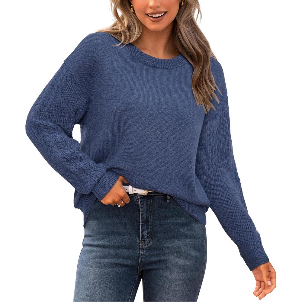 imageNewshows Womens 2024 Fall Sweater Wool Crewneck Winter Fashion Cable Knit Long Sleeve Business Casual Outfits Pullover TopsSteel Blue