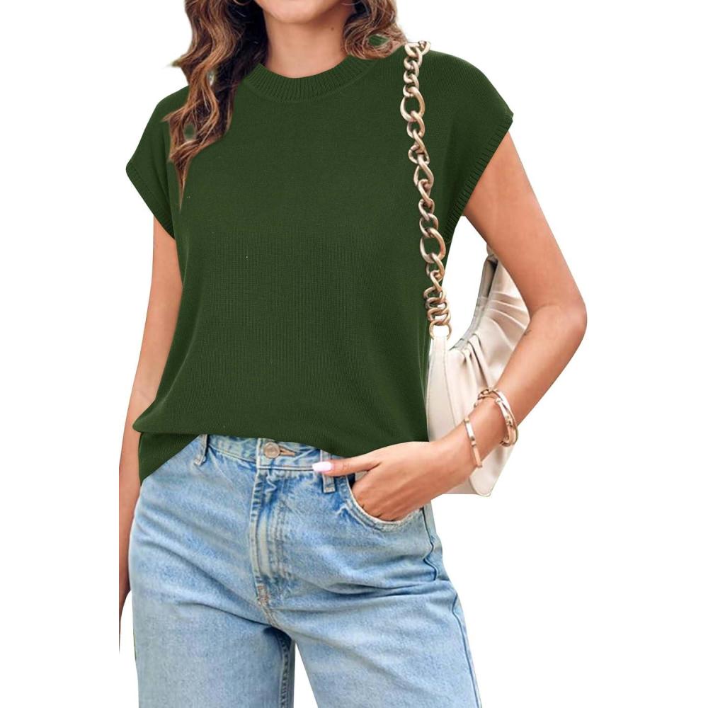 imageNewshows Womens 2024 Summer Tops Spring Sweater Vest Cap Sleeve Crewneck Business Casual Outfits Knit Dressy Shirts TrendyArmy Green