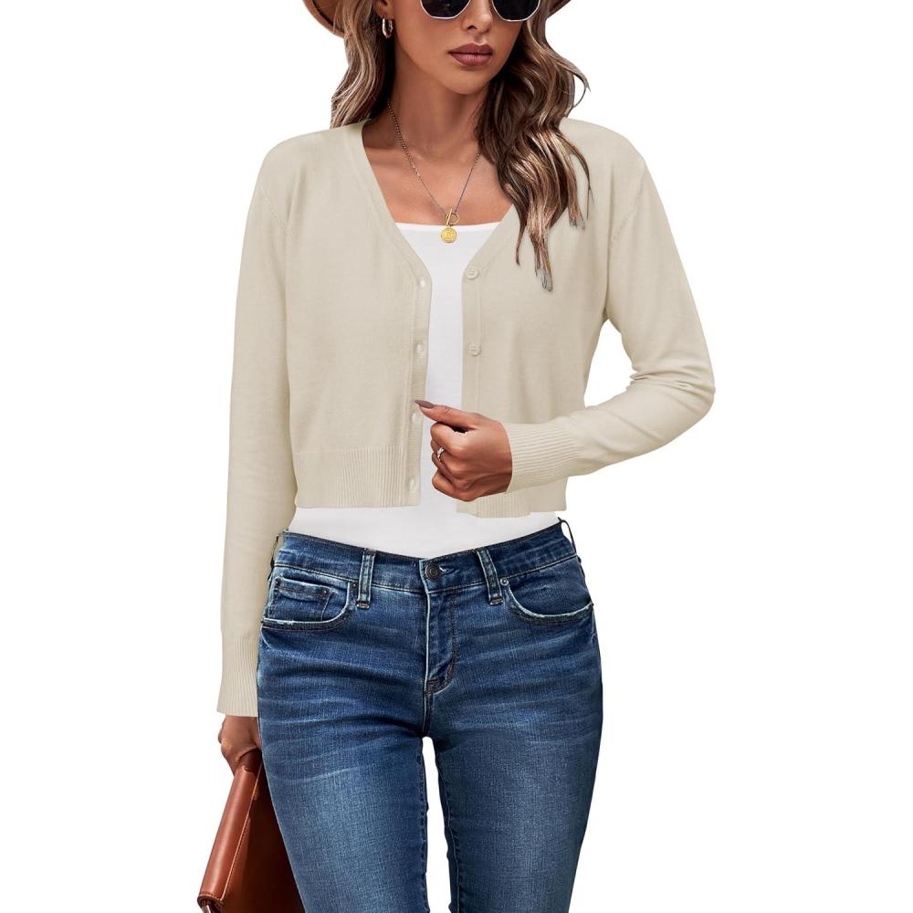 imageNewshows Womens 2025 Fall Cropped Cardigan Fashion Knit Bolero Shrug Long Sleeve V Neck Business Casual SweaterApricot