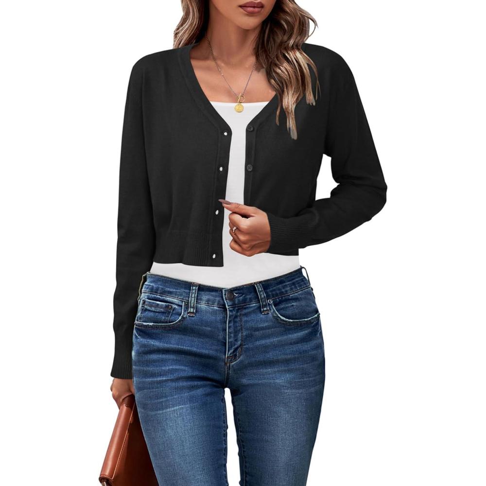 imageNewshows Womens 2025 Fall Cropped Cardigan Fashion Knit Bolero Shrug Long Sleeve V Neck Business Casual SweaterBlack