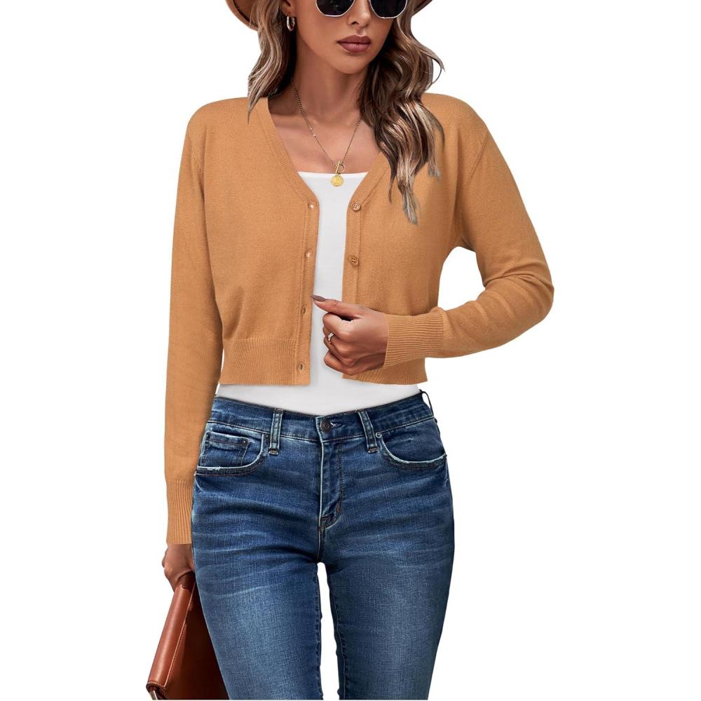 imageNewshows Womens 2025 Fall Cropped Cardigan Fashion Knit Bolero Shrug Long Sleeve V Neck Business Casual SweaterCamel