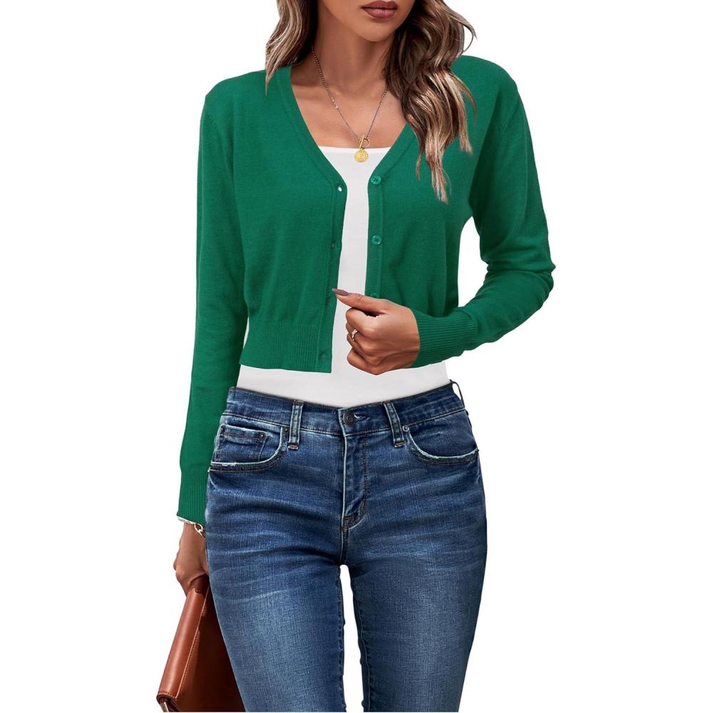 imageNewshows Womens 2025 Fall Cropped Cardigan Fashion Knit Bolero Shrug Long Sleeve V Neck Business Casual SweaterDark Green