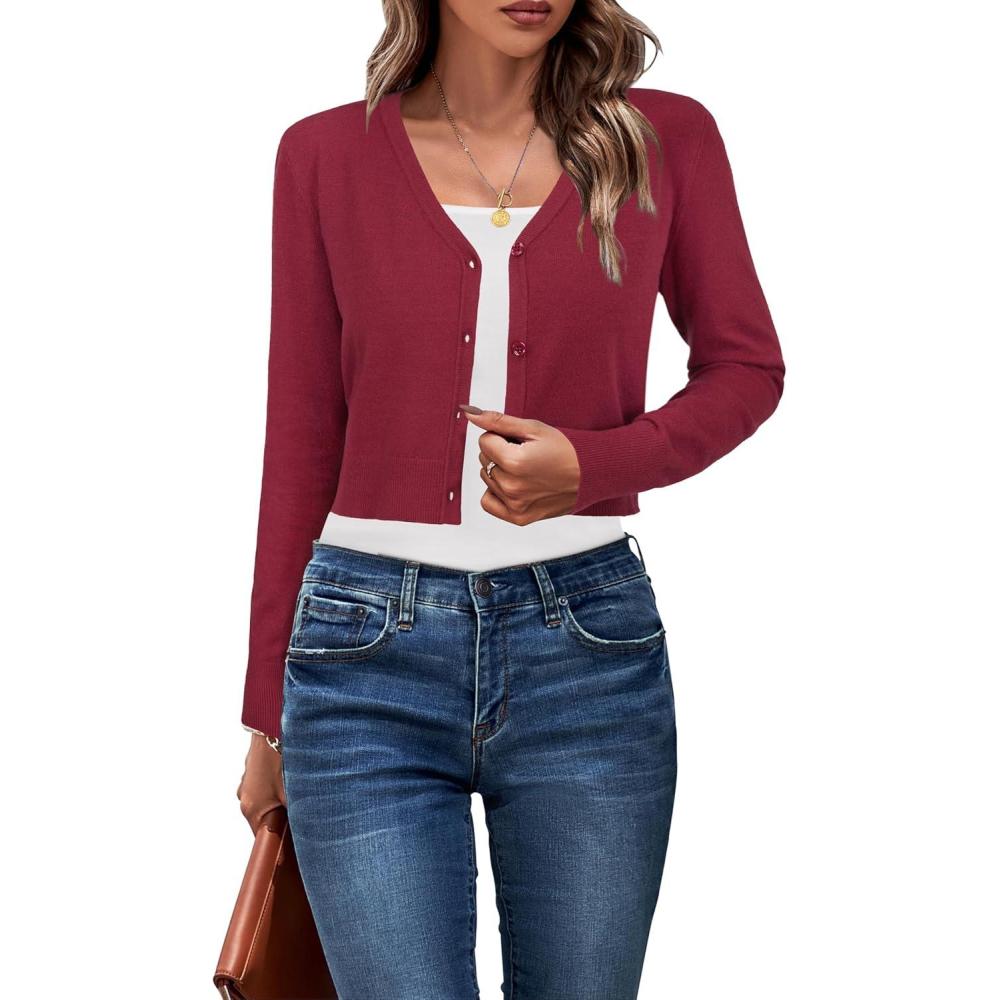 imageNewshows Womens 2025 Fall Cropped Cardigan Fashion Knit Bolero Shrug Long Sleeve V Neck Business Casual SweaterDark Red