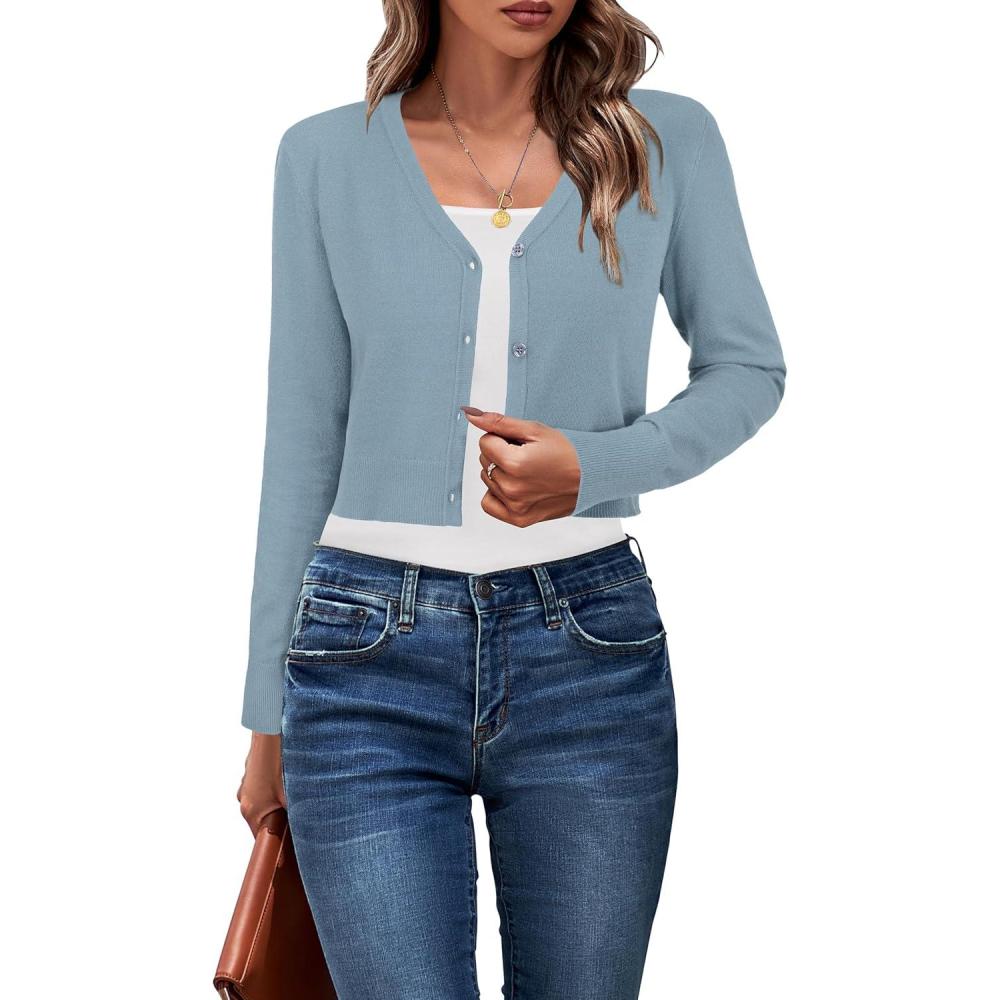 imageNewshows Womens 2025 Fall Cropped Cardigan Fashion Knit Bolero Shrug Long Sleeve V Neck Business Casual SweaterGrey Blue