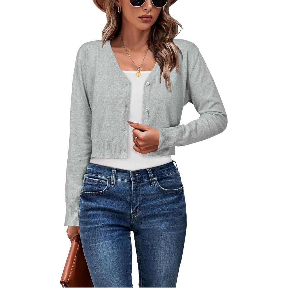 imageNewshows Womens 2025 Fall Cropped Cardigan Fashion Knit Bolero Shrug Long Sleeve V Neck Business Casual SweaterLight Gray