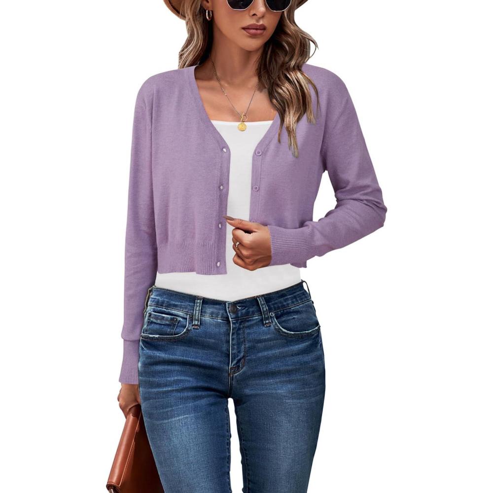 imageNewshows Womens 2025 Fall Cropped Cardigan Fashion Knit Bolero Shrug Long Sleeve V Neck Business Casual SweaterMisty Purple