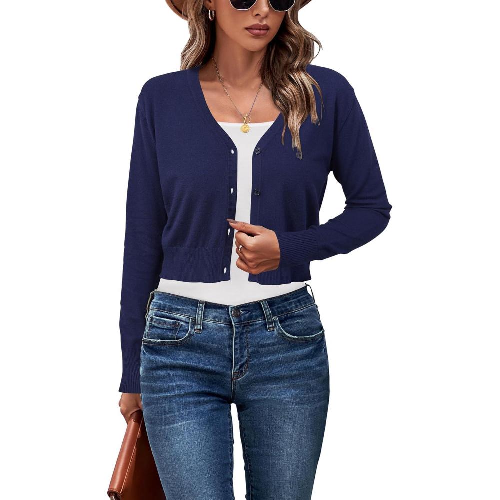 imageNewshows Womens 2025 Fall Cropped Cardigan Fashion Knit Bolero Shrug Long Sleeve V Neck Business Casual SweaterNavy