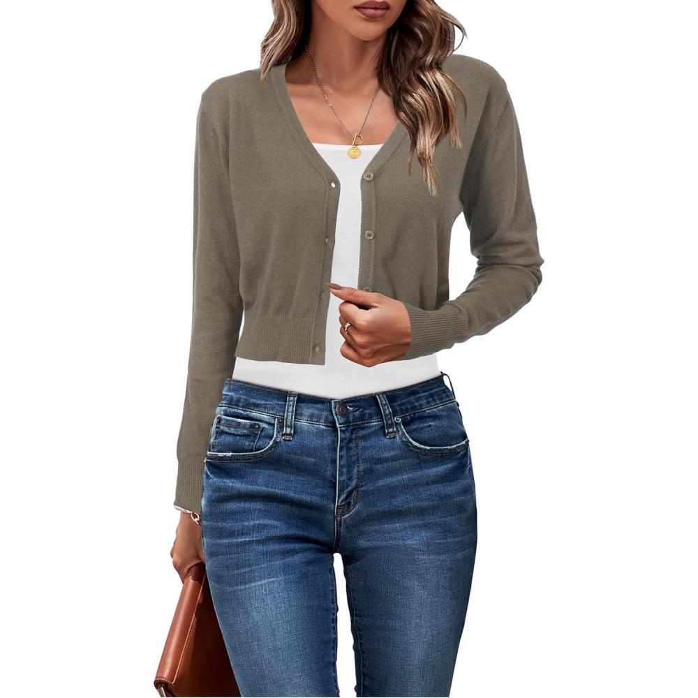 imageNewshows Womens 2025 Fall Cropped Cardigan Fashion Knit Bolero Shrug Long Sleeve V Neck Business Casual SweaterPale Brown