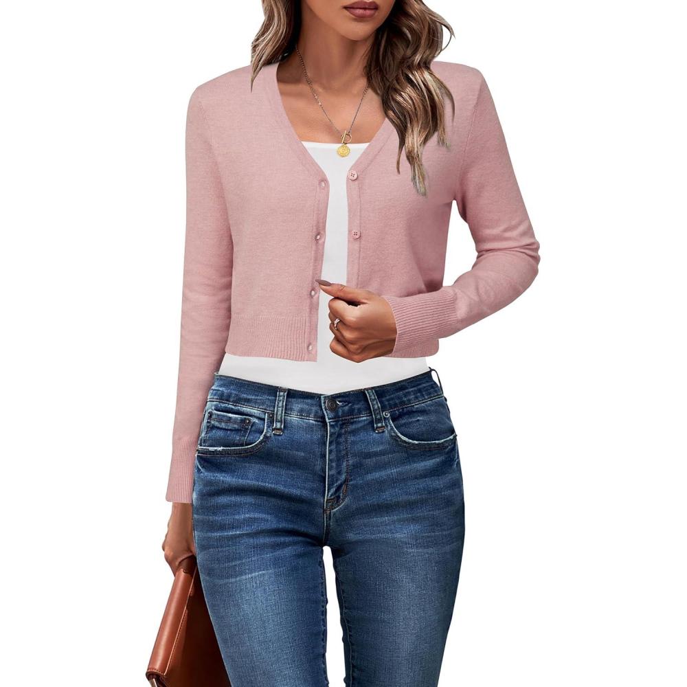 imageNewshows Womens 2025 Fall Cropped Cardigan Fashion Knit Bolero Shrug Long Sleeve V Neck Business Casual SweaterPink 02