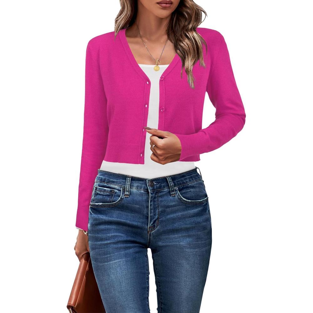 imageNewshows Womens 2025 Fall Cropped Cardigan Fashion Knit Bolero Shrug Long Sleeve V Neck Business Casual SweaterRose Red