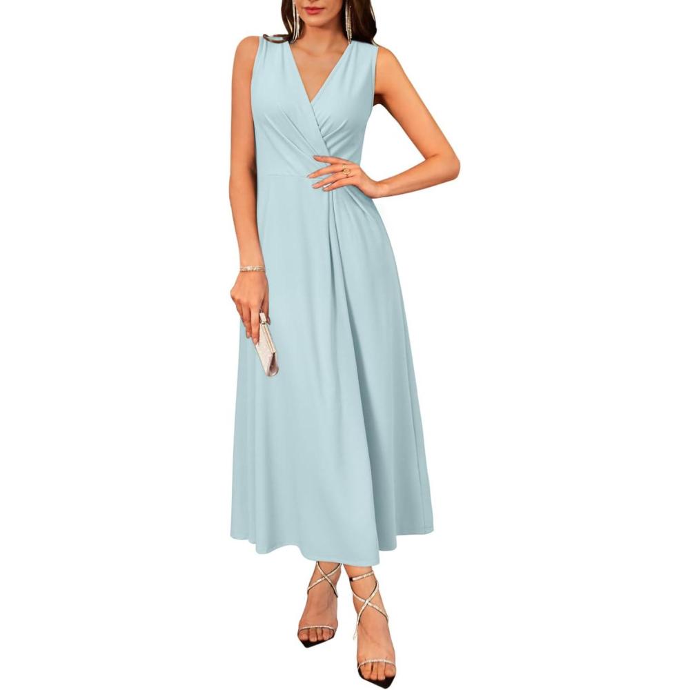 imageNewshows Womens 2025 Formal Evening Gowns Maxi Dress Cocktail Party V Neck Sleeveless Wedding Guest Long Elegant DressGrey Blue