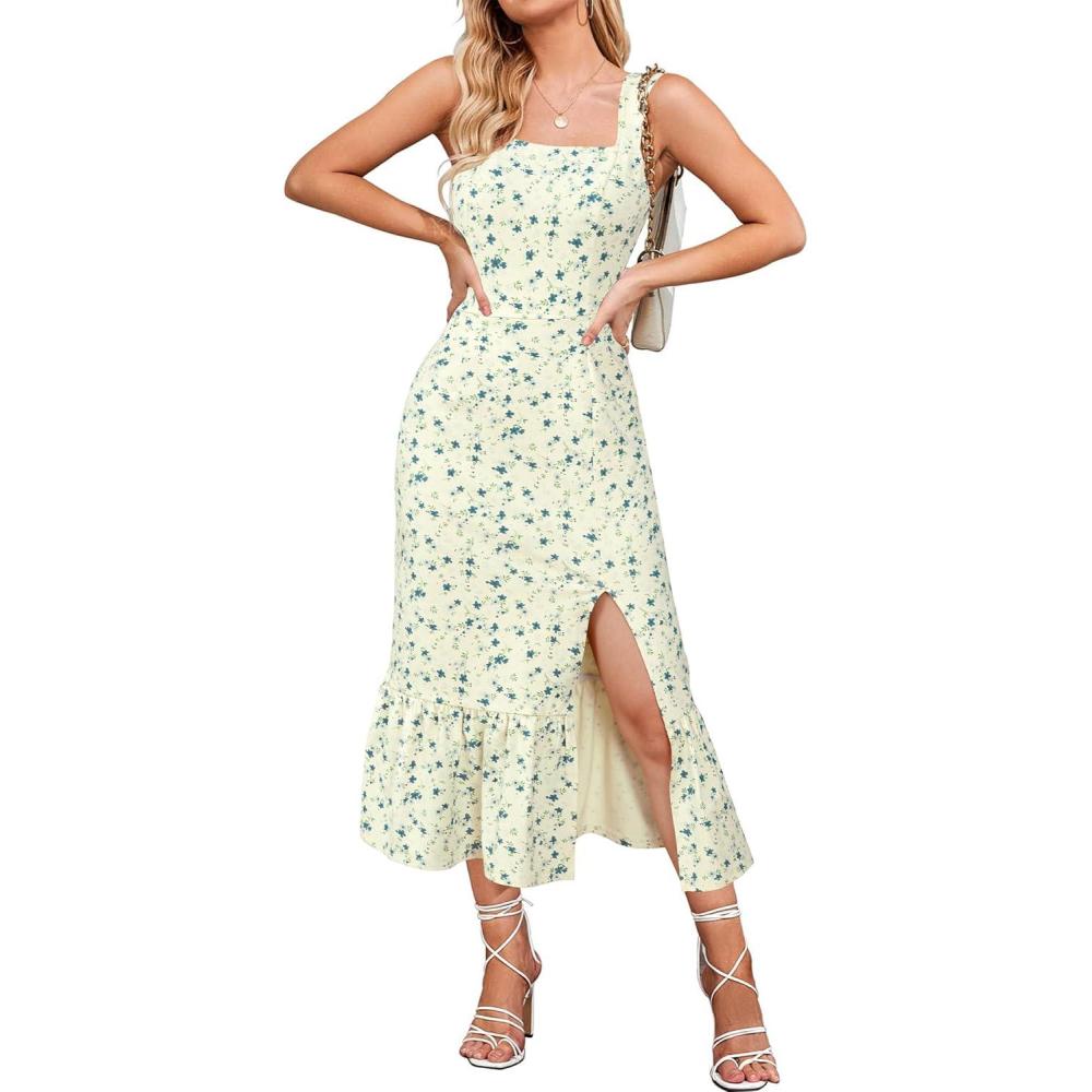 imageNewshows Womens 2025 Summer Beach Floral Midi Dress Spring Vacation Outfits Square Neck Ruffle Split SundressBlue Floral