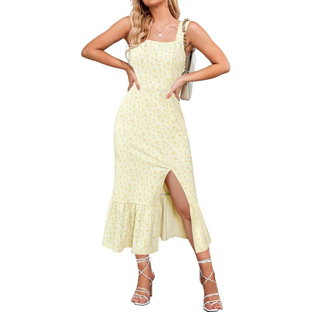 imageNewshows Womens 2025 Summer Beach Floral Midi Dress Spring Vacation Outfits Square Neck Ruffle Split SundressYellow Rose