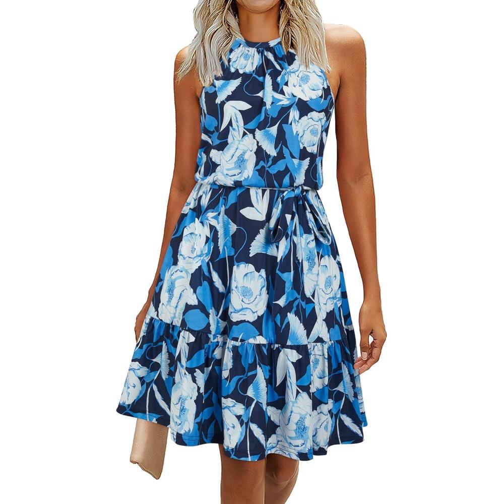 imageNewshows Womens 2025 Summer Dress Halter Wedding Guest Casual Beach Vacation Outfits Belted Sundresses with PocketsBlue Floral White