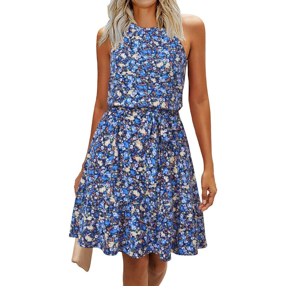 imageNewshows Womens 2025 Summer Dress Halter Wedding Guest Casual Beach Vacation Outfits Belted Sundresses with PocketsDark Blue Colorful Floral