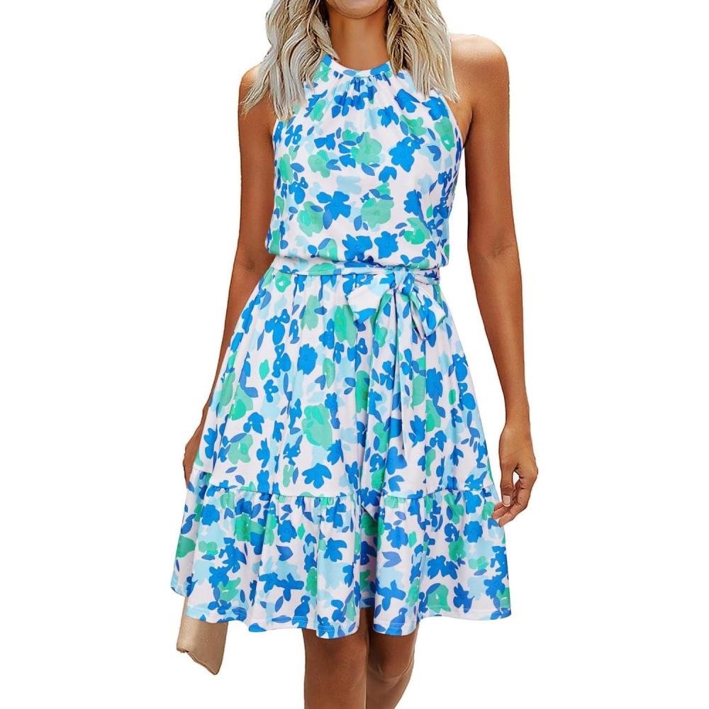 imageNewshows Womens 2025 Summer Dress Halter Wedding Guest Casual Beach Vacation Outfits Belted Sundresses with PocketsFloral Blue  Green