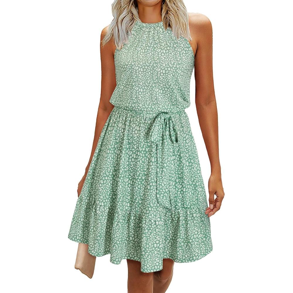 imageNewshows Womens 2025 Summer Dress Halter Wedding Guest Casual Beach Vacation Outfits Belted Sundresses with PocketsLight Green Floral White
