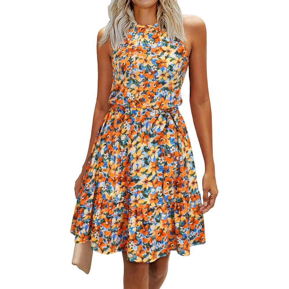 imageNewshows Womens 2025 Summer Dress Halter Wedding Guest Casual Beach Vacation Outfits Belted Sundresses with PocketsOrange Floral Yellow