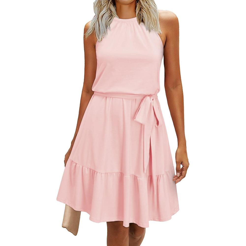 imageNewshows Womens 2025 Summer Dress Halter Wedding Guest Casual Beach Vacation Outfits Belted Sundresses with PocketsPink