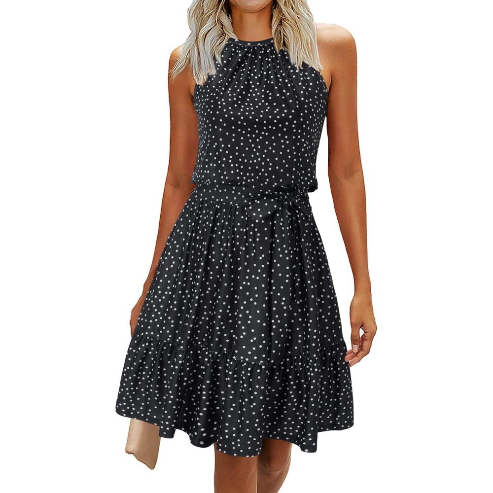 imageNewshows Womens 2025 Summer Dress Halter Wedding Guest Casual Beach Vacation Outfits Belted Sundresses with PocketsPolka Dotblack