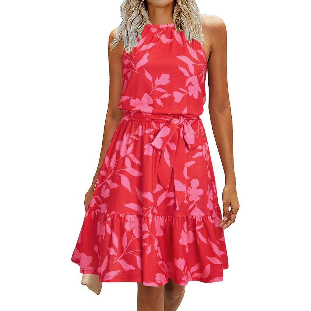 imageNewshows Womens 2025 Summer Dress Halter Wedding Guest Casual Beach Vacation Outfits Belted Sundresses with PocketsRose Floral Pink