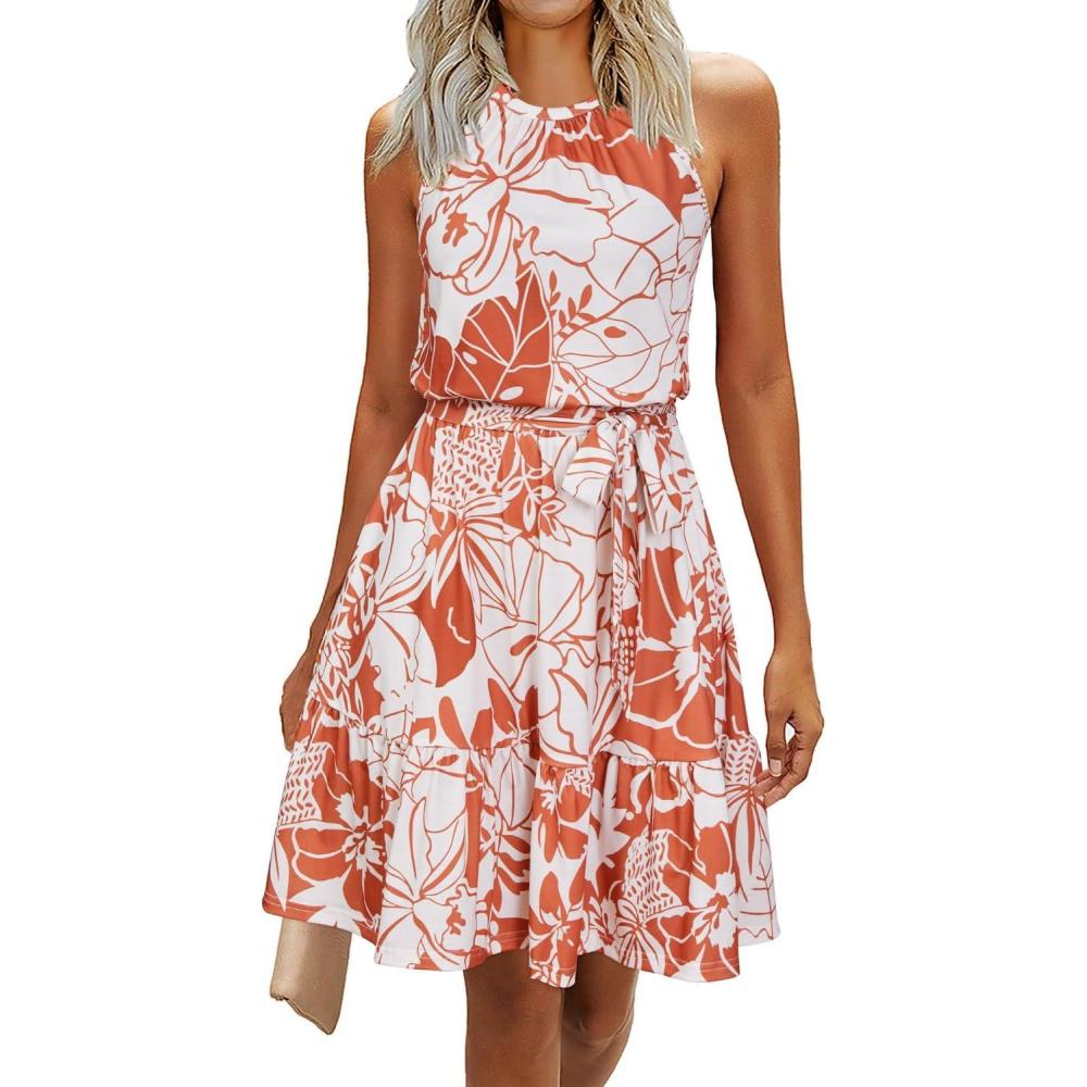 imageNewshows Womens 2025 Summer Dress Halter Wedding Guest Casual Beach Vacation Outfits Belted Sundresses with PocketsWhite Floral Orange