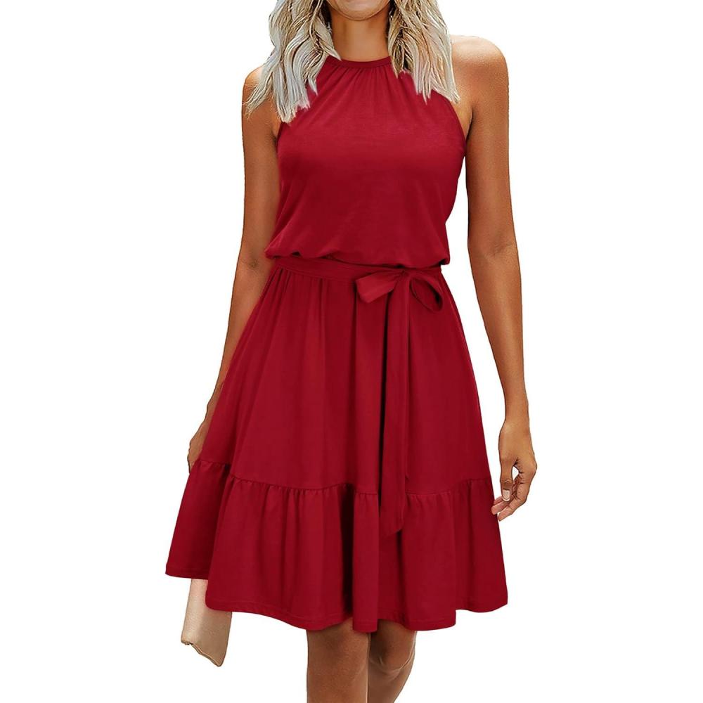 imageNewshows Womens 2025 Summer Dress Halter Wedding Guest Casual Beach Vacation Outfits Belted Sundresses with PocketsWine Red