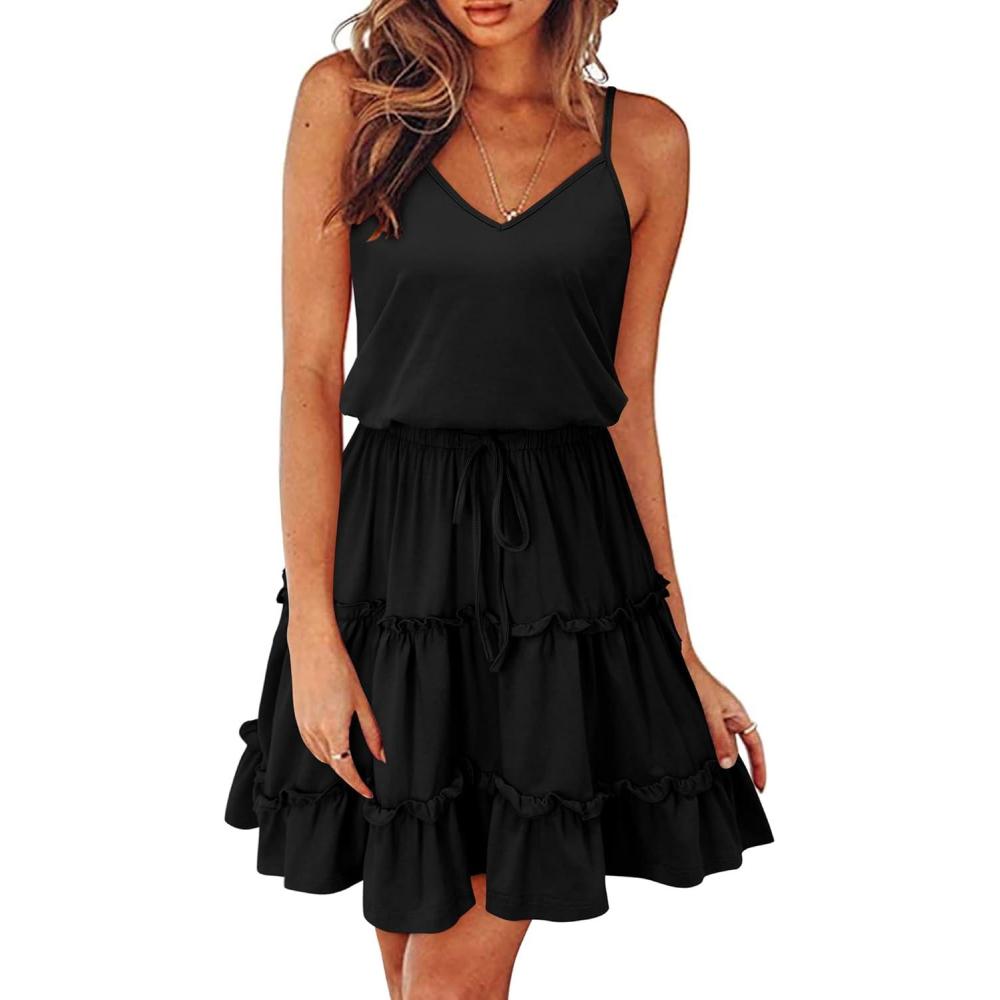 imageNewshows Womens 2025 Summer Dress Spaghetti Strap Casual Boho Beach Vacation Outfits Drawstring Ruffle Hem Sundress TrendyBlack