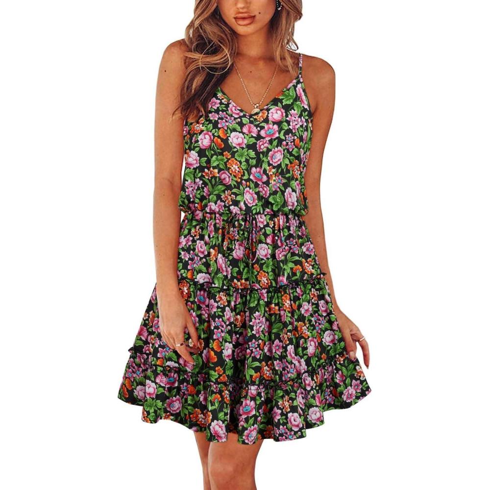 imageNewshows Womens 2025 Summer Dress Spaghetti Strap Casual Boho Beach Vacation Outfits Drawstring Ruffle Hem Sundress TrendyBlack Floral Pink