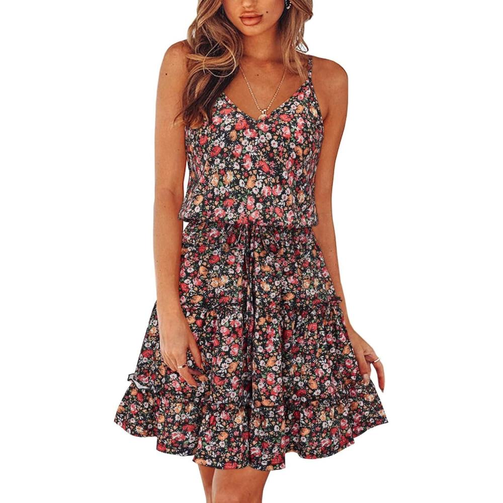 imageNewshows Womens 2025 Summer Dress Spaghetti Strap Casual Boho Beach Vacation Outfits Drawstring Ruffle Hem Sundress TrendyBlack Floral Red