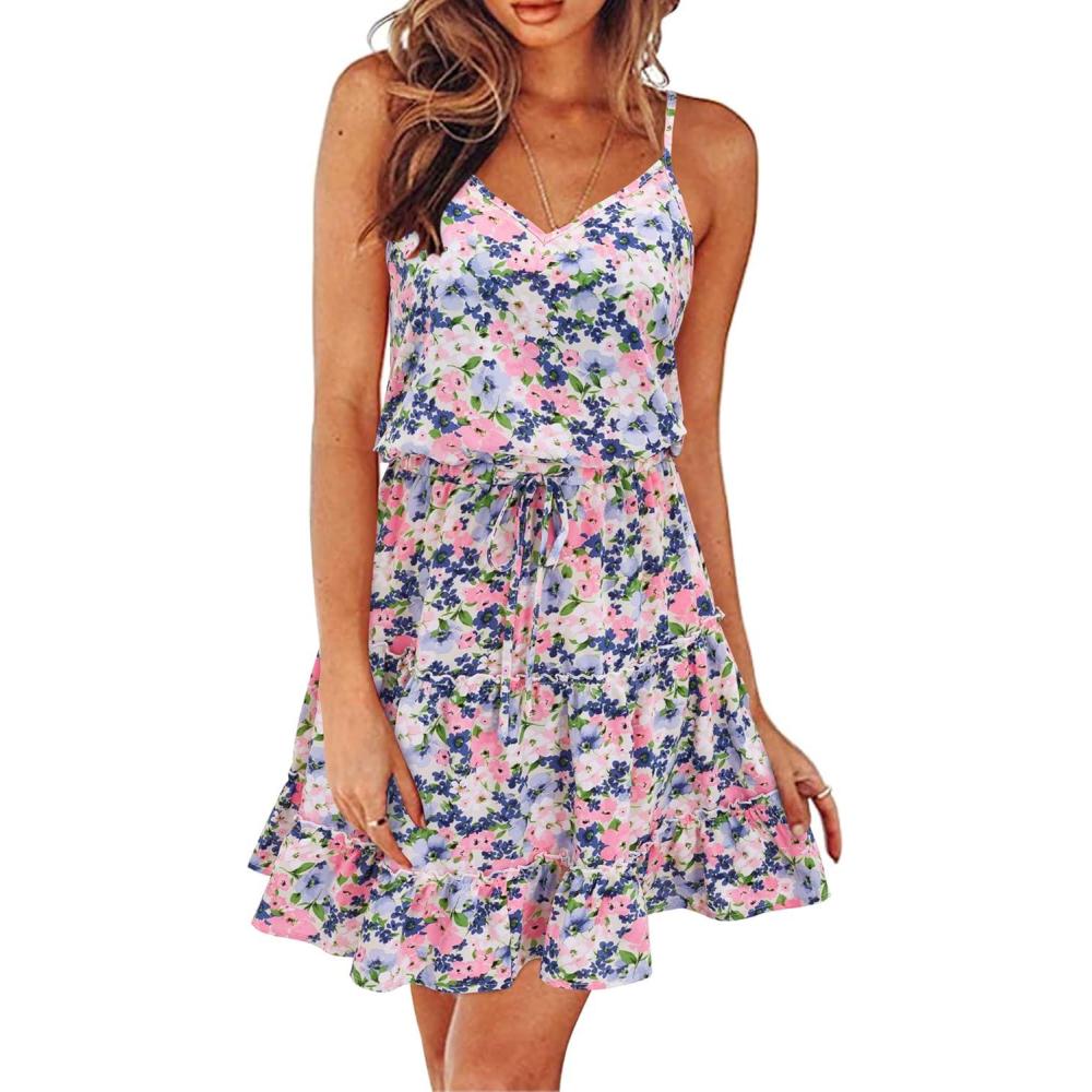 imageNewshows Womens 2025 Summer Dress Spaghetti Strap Casual Boho Beach Vacation Outfits Drawstring Ruffle Hem Sundress TrendyBlue Pink Floral