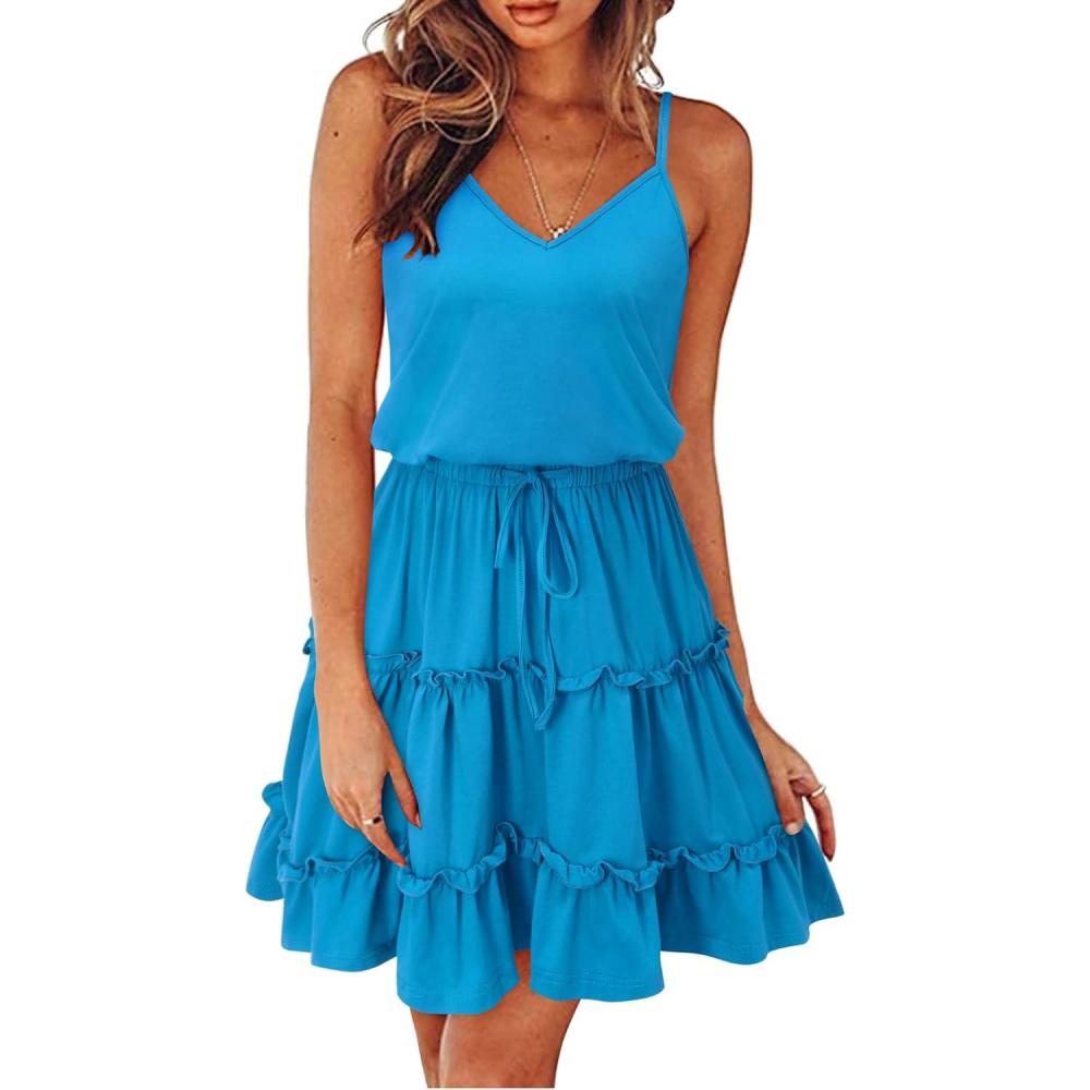 imageNewshows Womens 2025 Summer Dress Spaghetti Strap Casual Boho Beach Vacation Outfits Drawstring Ruffle Hem Sundress TrendyLake Blue