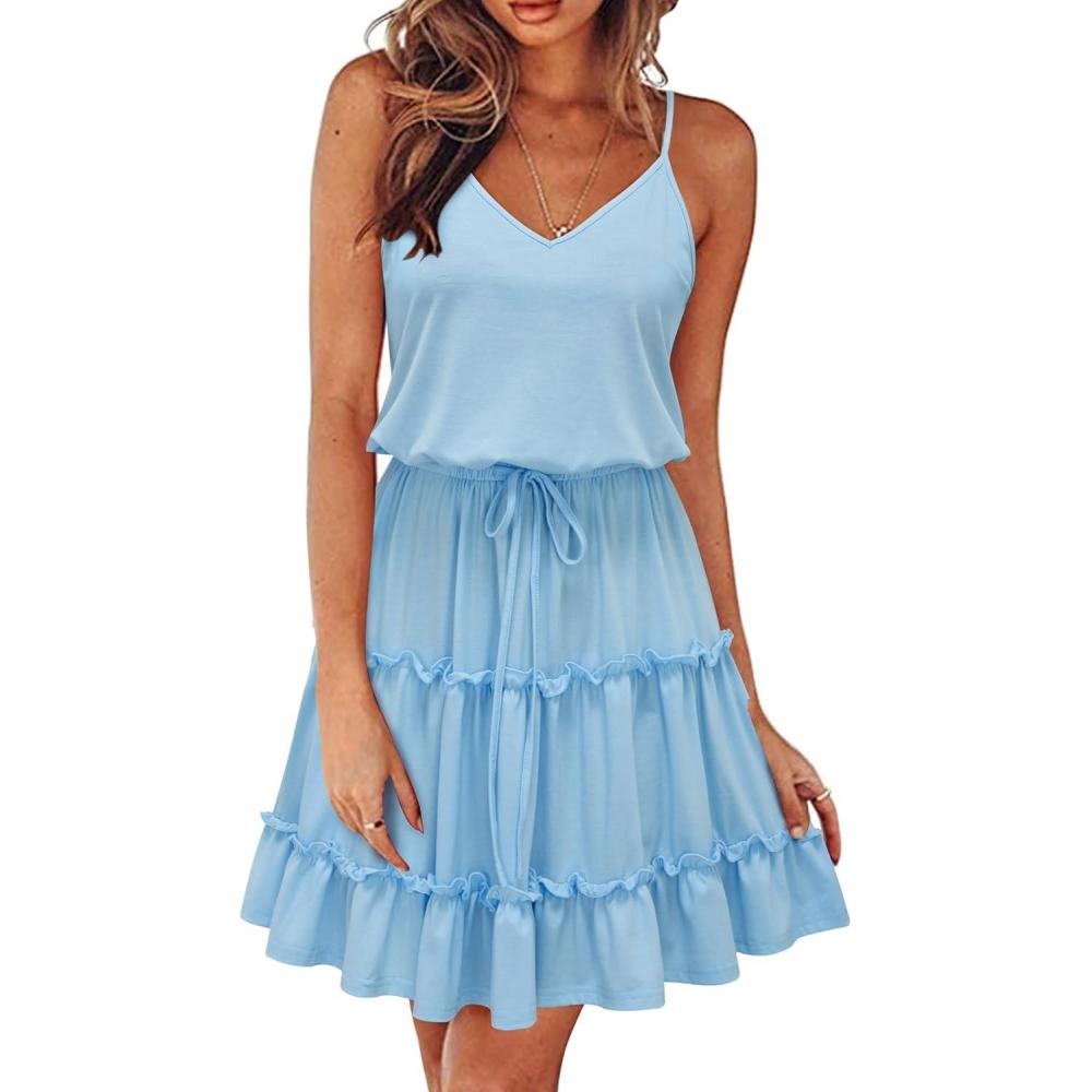 imageNewshows Womens 2025 Summer Dress Spaghetti Strap Casual Boho Beach Vacation Outfits Drawstring Ruffle Hem Sundress TrendyLight Blue