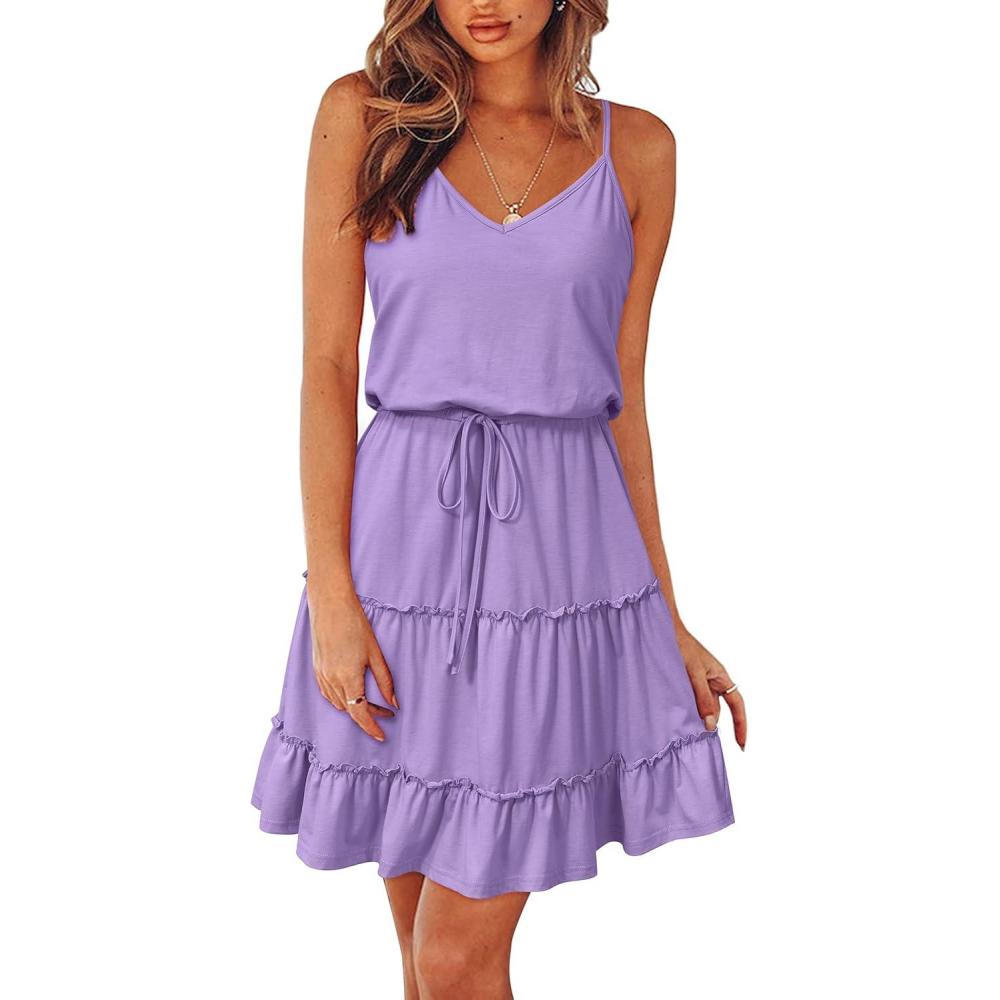 imageNewshows Womens 2025 Summer Dress Spaghetti Strap Casual Boho Beach Vacation Outfits Drawstring Ruffle Hem Sundress TrendyLight Purple