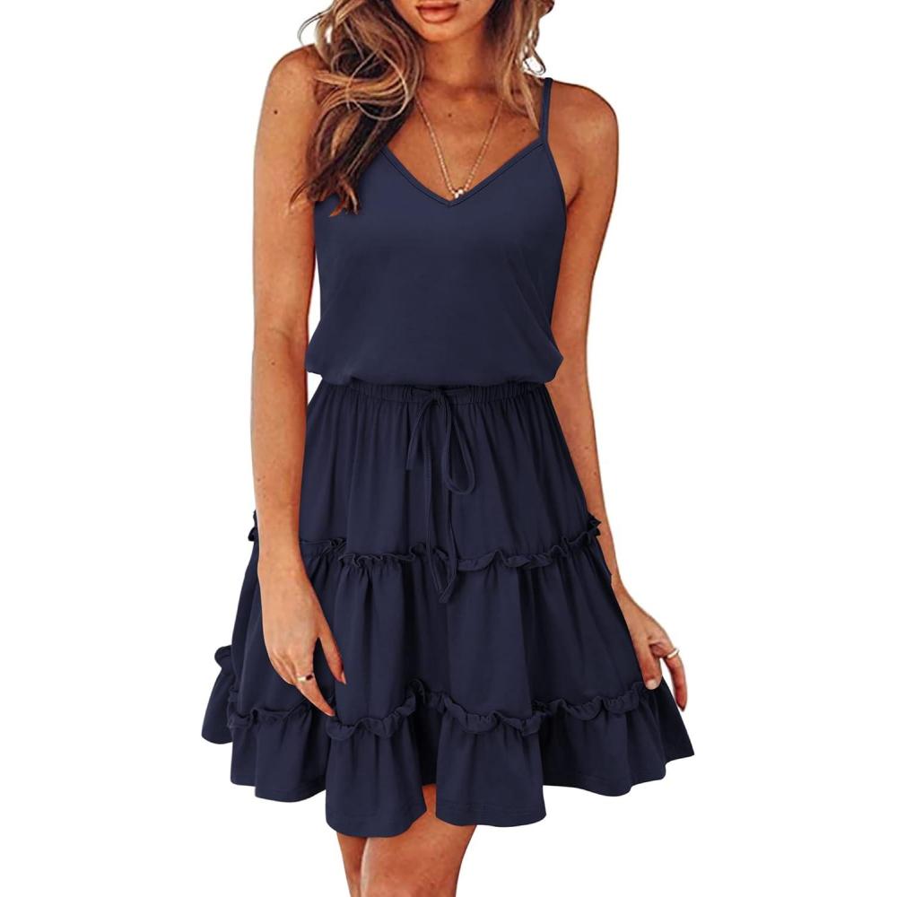imageNewshows Womens 2025 Summer Dress Spaghetti Strap Casual Boho Beach Vacation Outfits Drawstring Ruffle Hem Sundress TrendyNavy