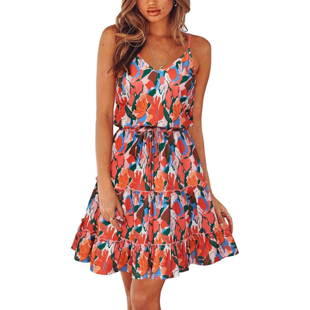 imageNewshows Womens 2025 Summer Dress Spaghetti Strap Casual Boho Beach Vacation Outfits Drawstring Ruffle Hem Sundress TrendyOrange Floral Blue
