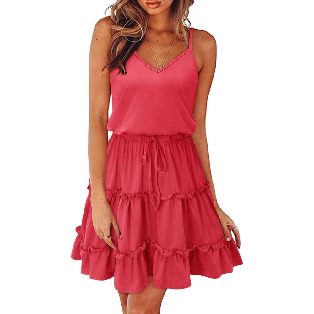 imageNewshows Womens 2025 Summer Dress Spaghetti Strap Casual Boho Beach Vacation Outfits Drawstring Ruffle Hem Sundress TrendyPeach Red