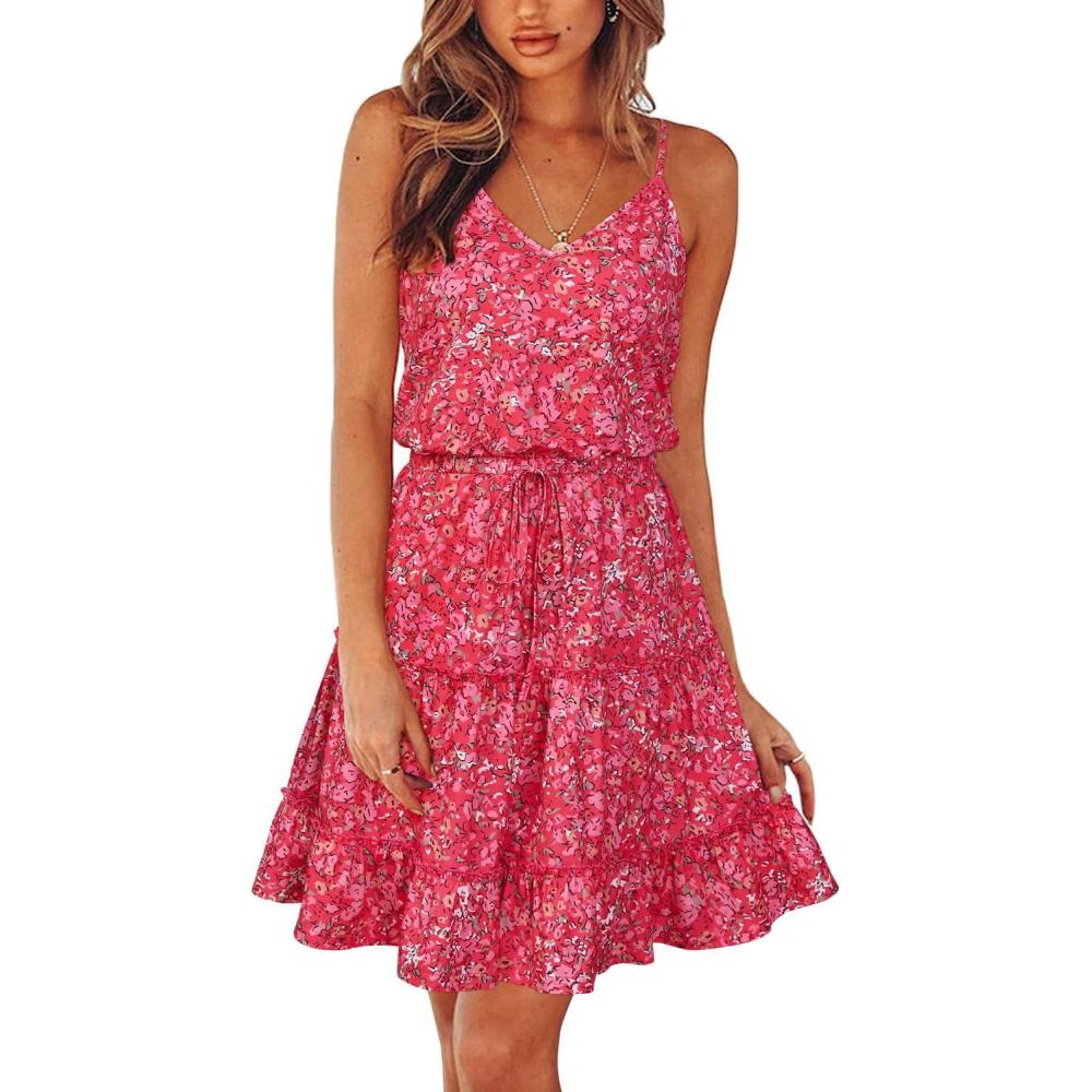 imageNewshows Womens 2025 Summer Dress Spaghetti Strap Casual Boho Beach Vacation Outfits Drawstring Ruffle Hem Sundress TrendyRose Pink Floral