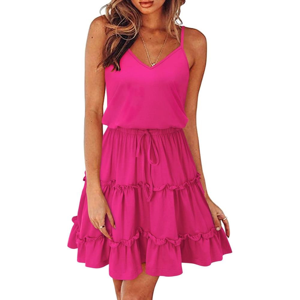 imageNewshows Womens 2025 Summer Dress Spaghetti Strap Casual Boho Beach Vacation Outfits Drawstring Ruffle Hem Sundress TrendyRose Red